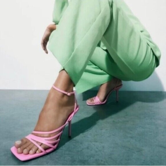 Zara Womens Square Toe Strappy Heels Barbie Pink Size 9 - Picture 1 of 8